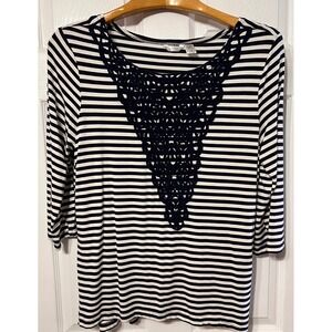 Kaktus Womens XL Navy White‎ Striped 3/4 Sleeve Top Crochet Lace Bib Knit Shirt
